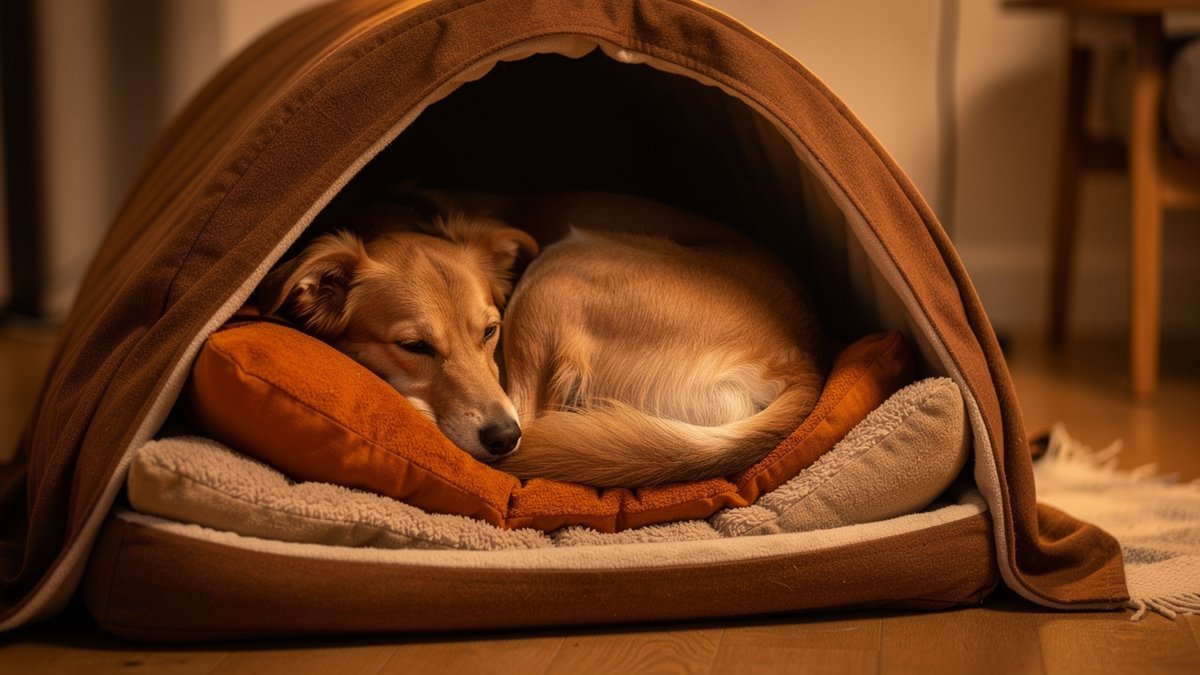 Entspannter Hund ruht in einer kuscheligen Hundehöhle als sicherer Rückzugsort