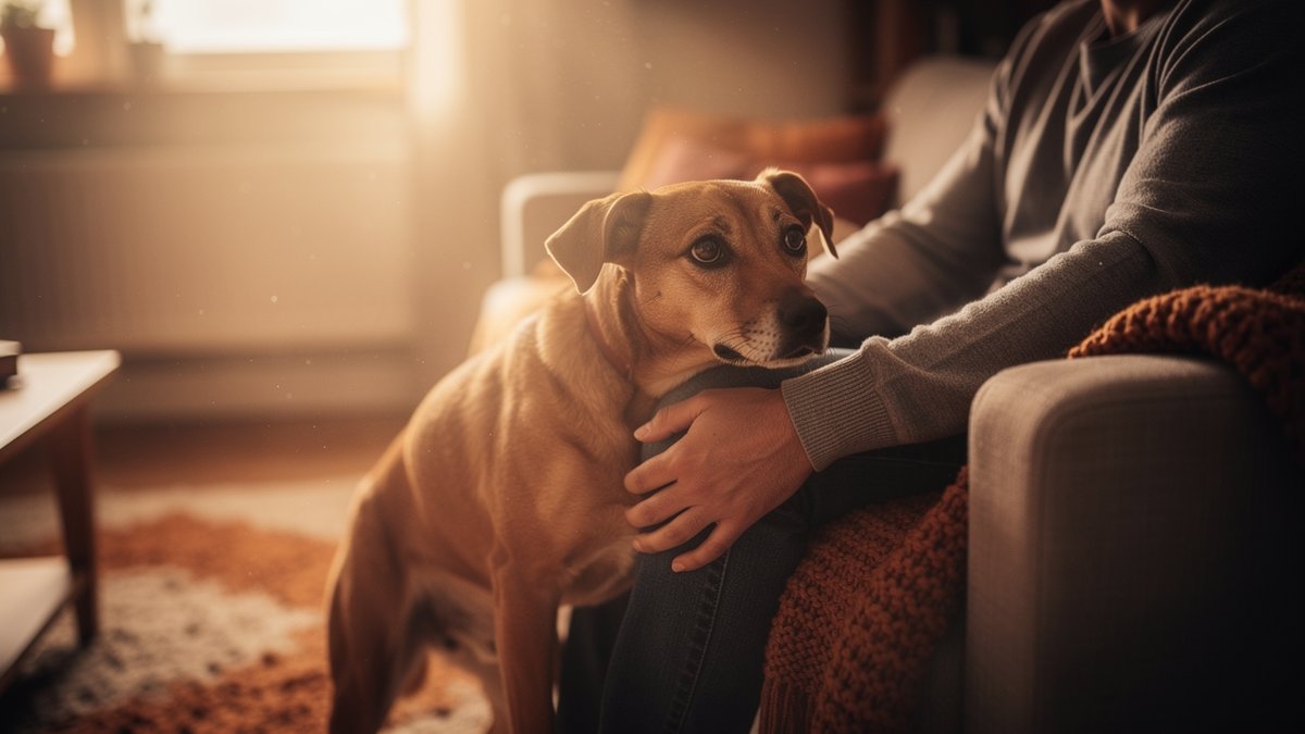 Ängstlicher Hund sucht Nähe und Sicherheit bei seinem Besitzer auf dem Sofa
