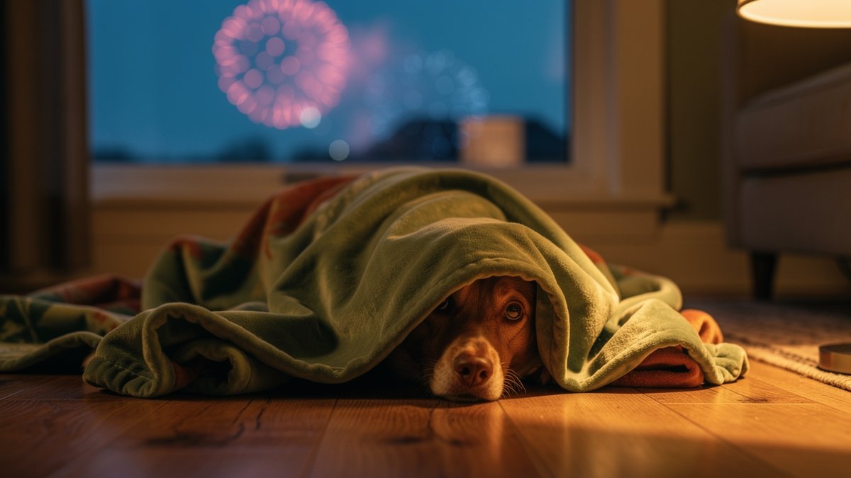 Hund mit Silvesterangst versteckt sich unter einer Decke vor dem Feuerwerk