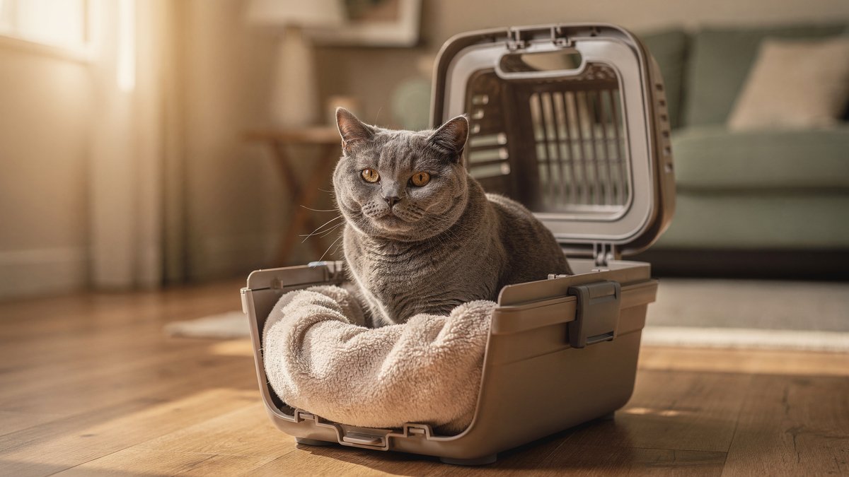 Graue Katze sitzt ruhig im Unterteil einer geöffneten Transportbox im Wohnzimmer