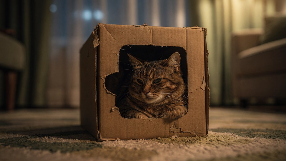 Katze liegt entspannt in einer Kartonhöhle im abgedunkelten Wohnzimmer bei Nacht