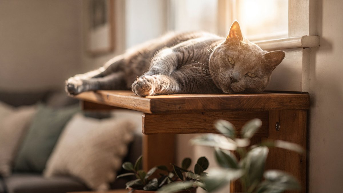 Entspannte Katze liegt auf einem erhöhten Holzregal am sonnigen Fenster