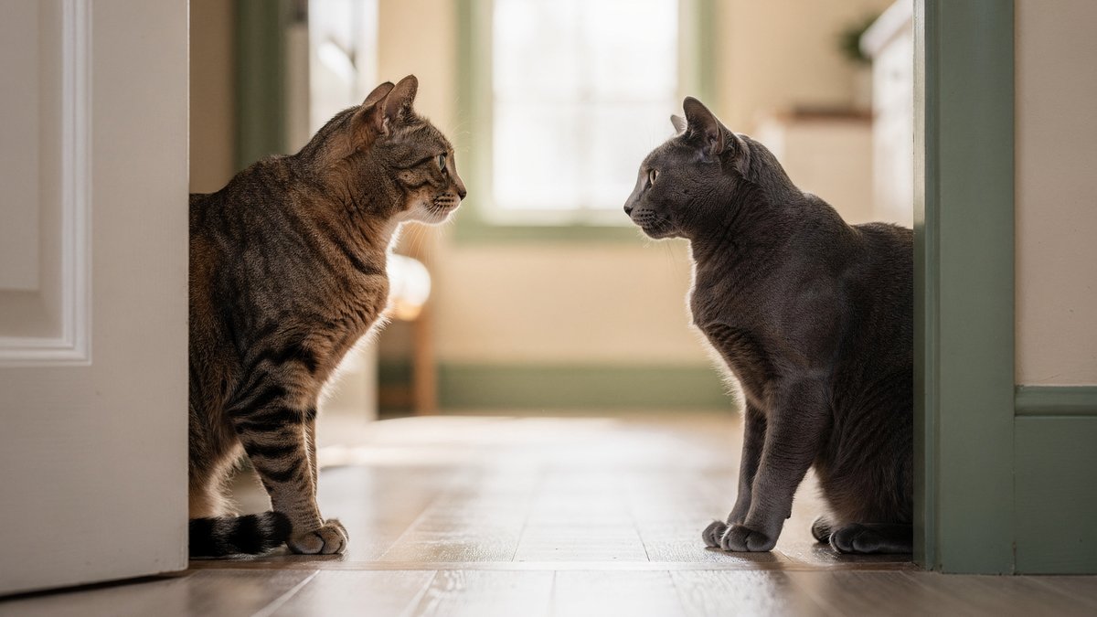 Getigerte und graue Katze beobachten sich ruhig aus zwei Metern Abstand im Türrahmen