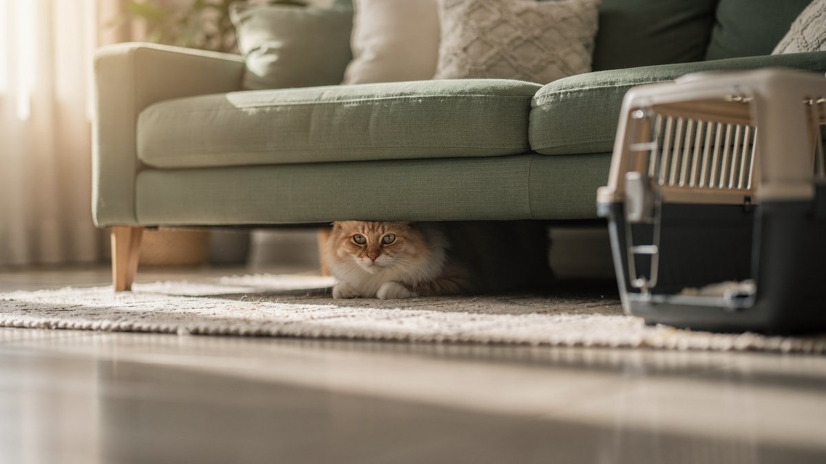 Scheue Katze schaut nach dem Einzug unter dem Sofa hervor, daneben eine geöffnete Transportbox