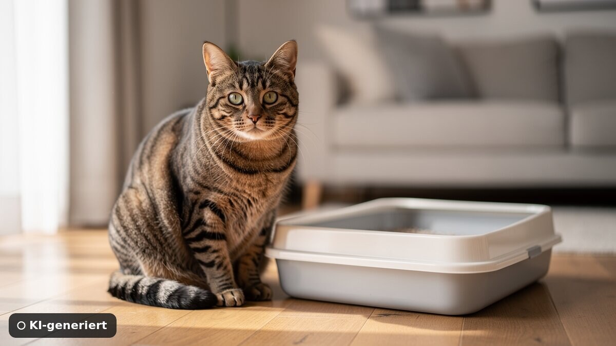 Katze unsauber durch Stress: ruhige Katze sitzt neben einer offenen Katzentoilette im hellen Wohnraum